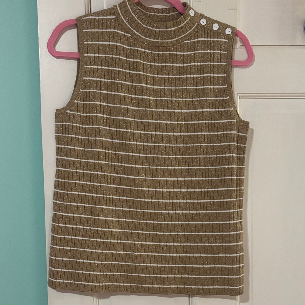 Talbots Gold Glitter and White Striped Sleeveless Sweater